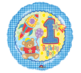 1st Birthday Boy Rocket & Bear Mylar Balloon
